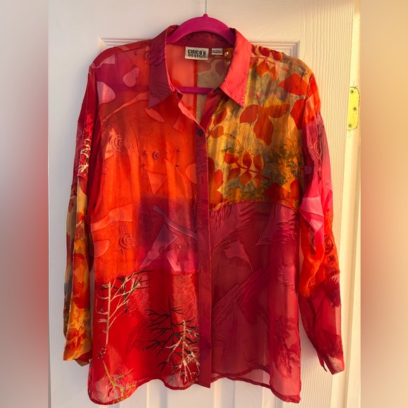 Chico's Tops - Chico's Vibrant Red and Orange Silk Semi Sheer Blouse